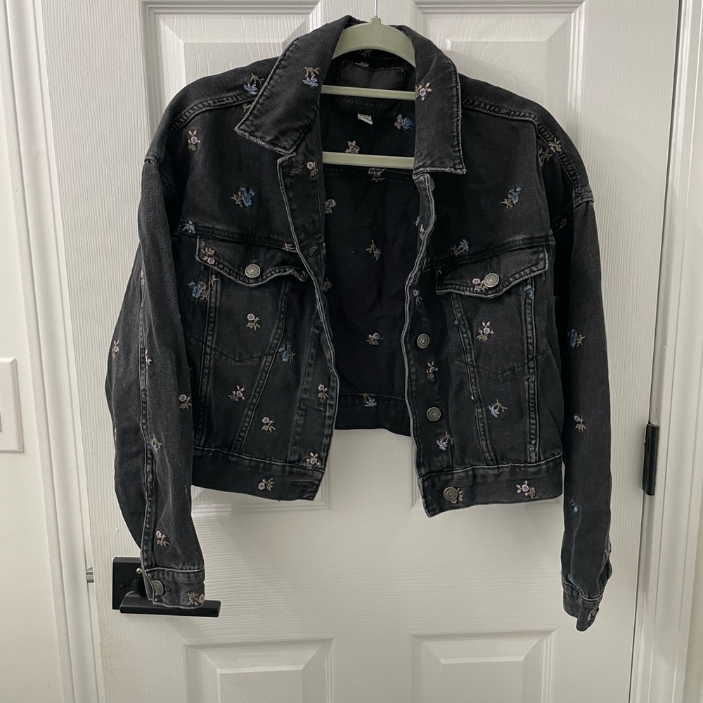 Floral Embroidered Black Denim Jacket